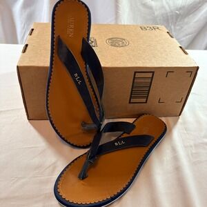 Lauren Ralph Lauren Women Navy Blue Tan Scalloped RLL Logo Thong Sandals Flat